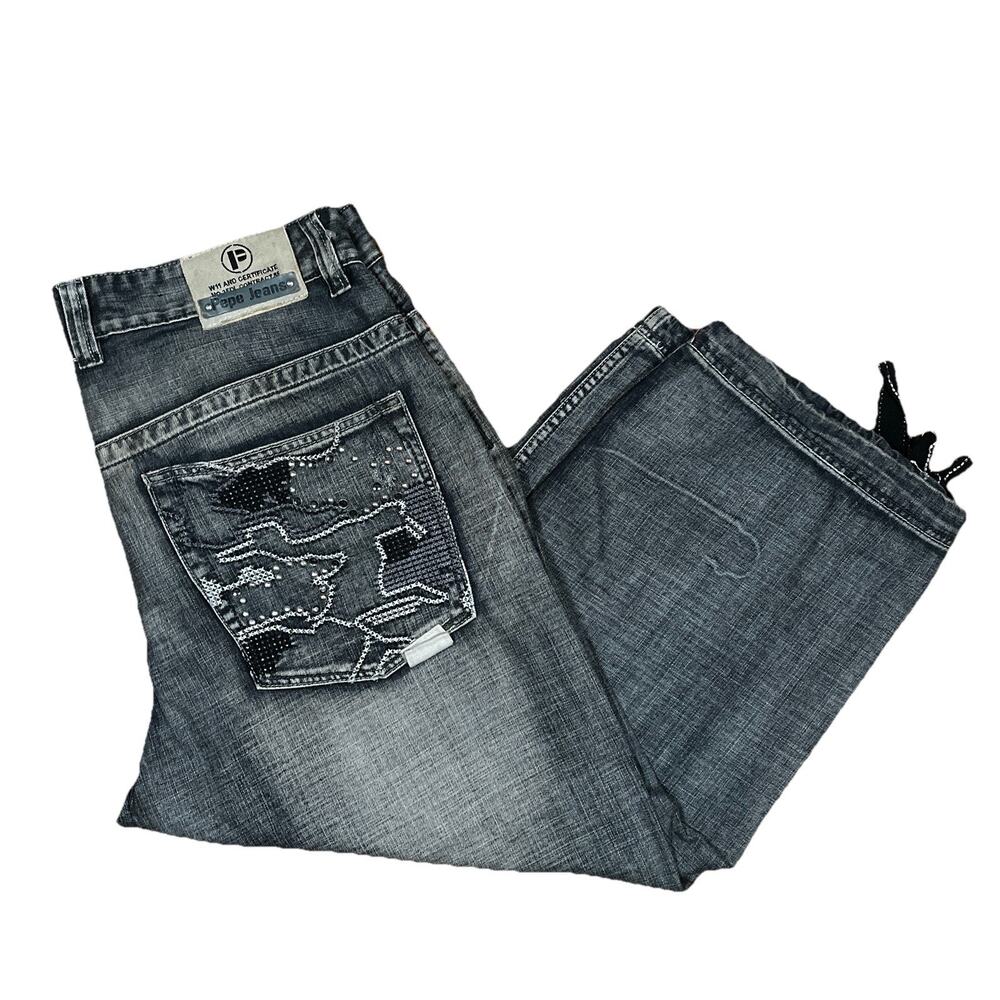 Vintage Y2K Pepe Jeans Grey Denim Wide Leg Baggy Skater Bedazzled 38x24 Distress